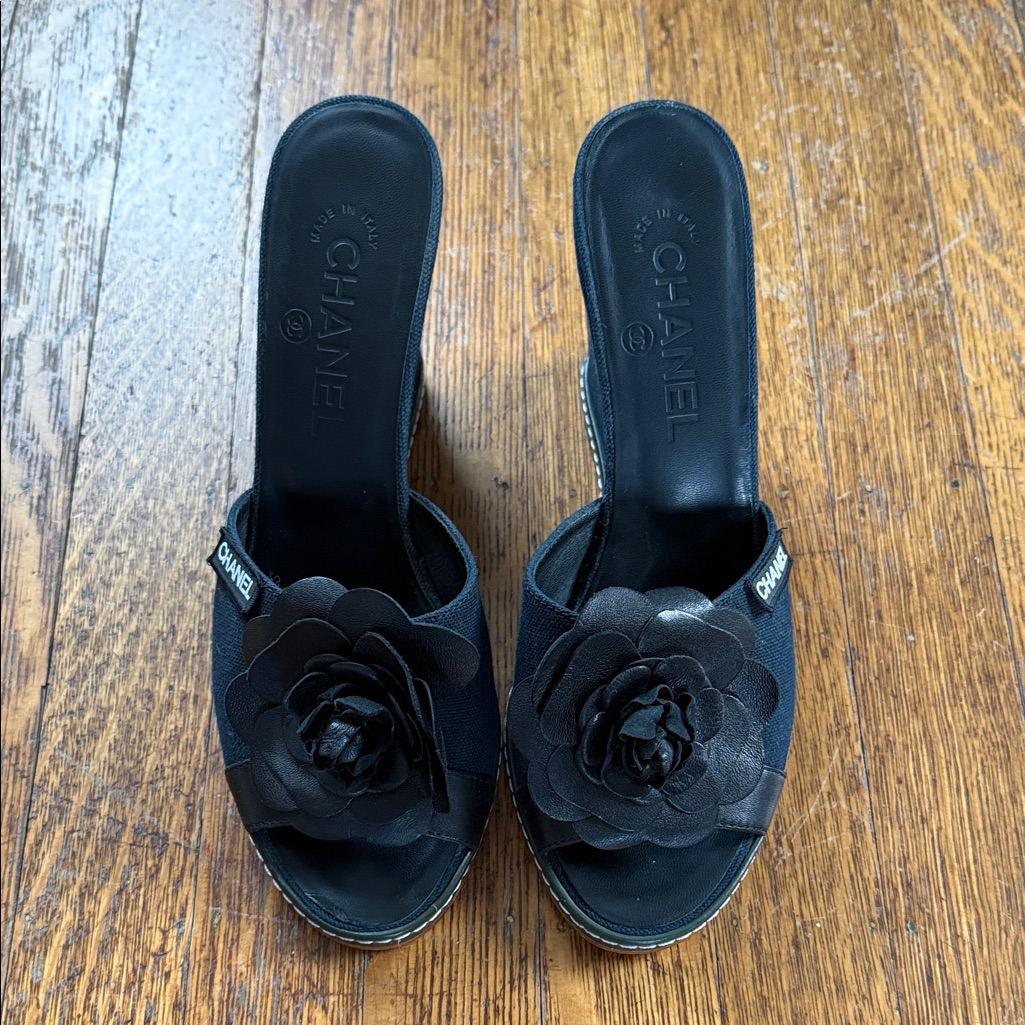 Chanel Black Camellia Slide Sandals